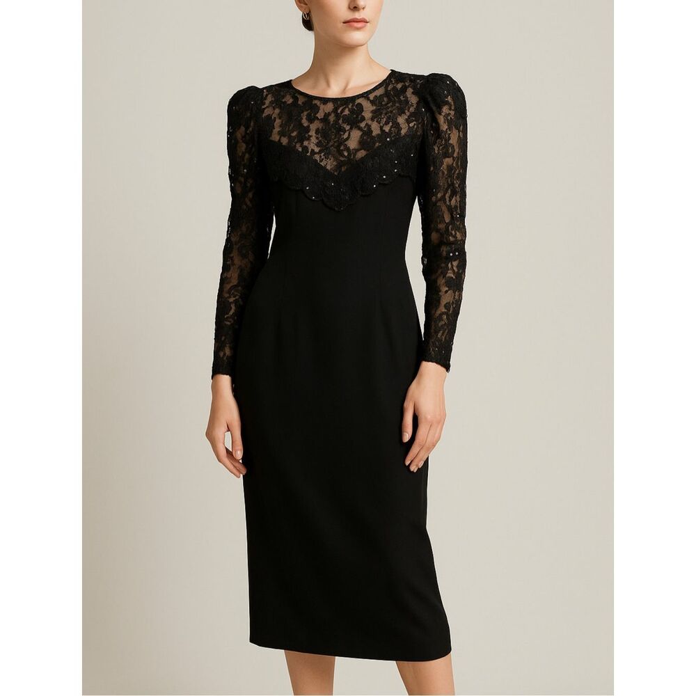 Vintage 80s Celine Black Lace Silk Cocktail Dress US 8 Made in France